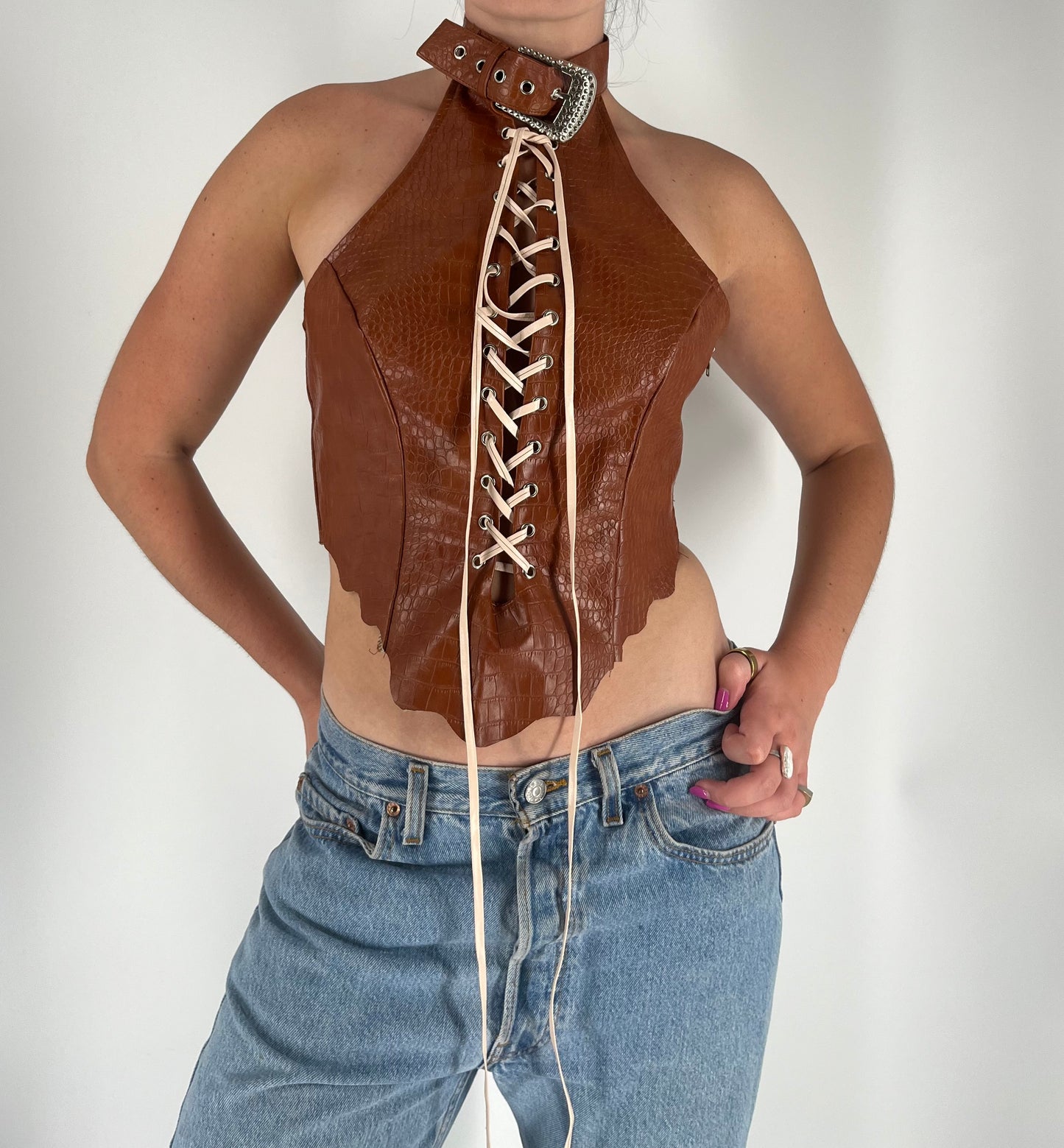 Unique Halter Crop Top With Belt Neck and Lace Up Detail