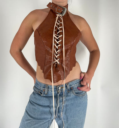 Unique Halter Crop Top With Belt Neck and Lace Up Detail
