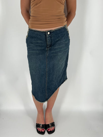 Stars and Stripes Midi Skirt With Two-Toned Faded Denim and Stud Accents