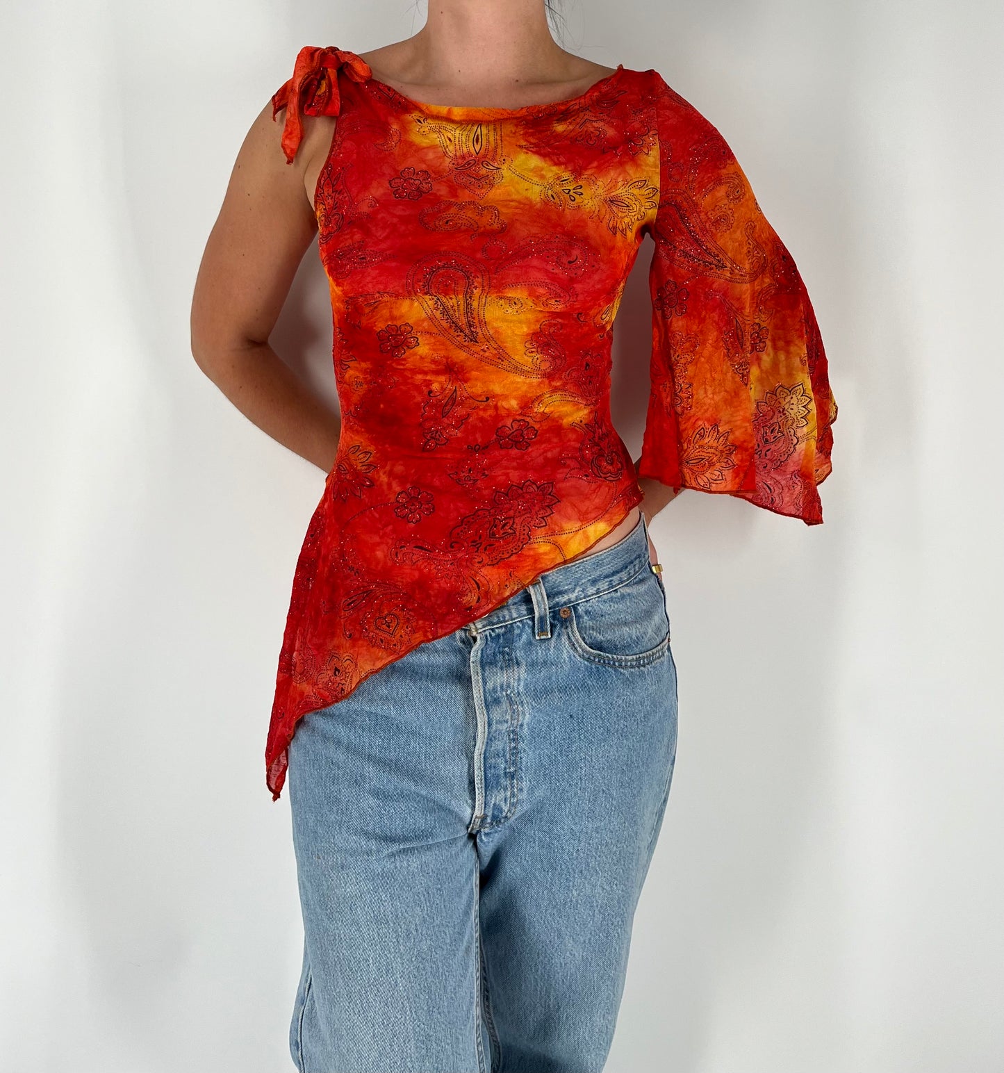 Tie Dye Mesh Asymmetrical Top With Glitter and Paisley Print
