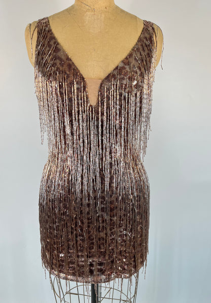 Mandalay Designs Beaded Fringe Dress With Sequin Cheetah