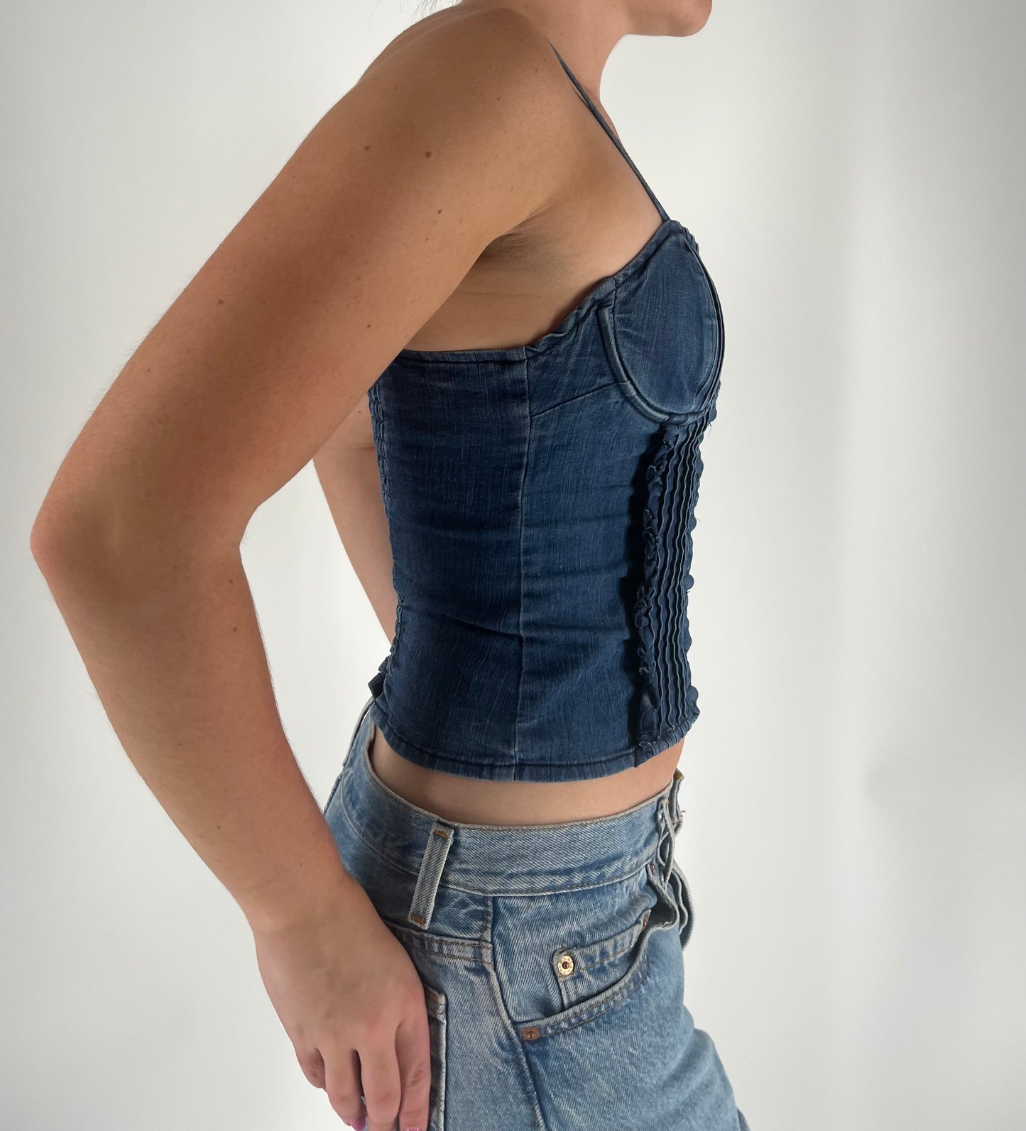 Denim Crop Top With Button Closure, Sweetheart Neckline and Puckering