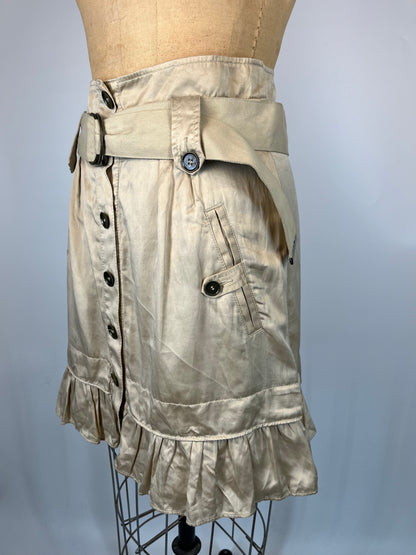 Satin Button Up Skirt with Ruffles and Adjustable Belt