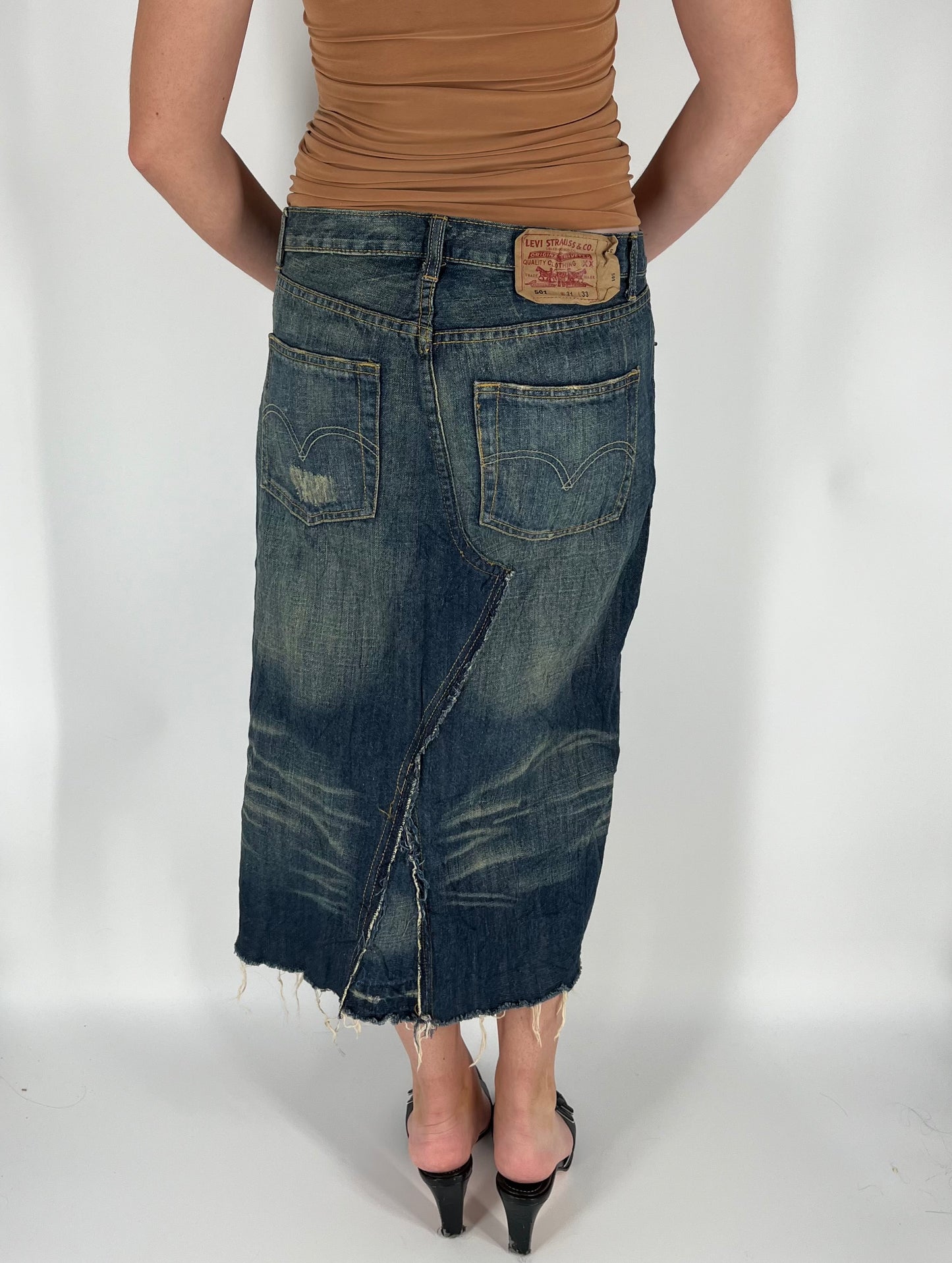 Distressed Denim Levi’s Skirt With Fading and Reworked Accents