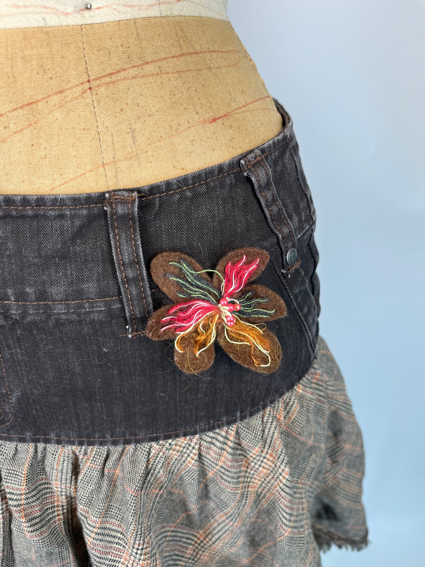 Denim and Plaid Skirt With Rosette