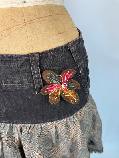 Denim and Plaid Skirt With Rosette