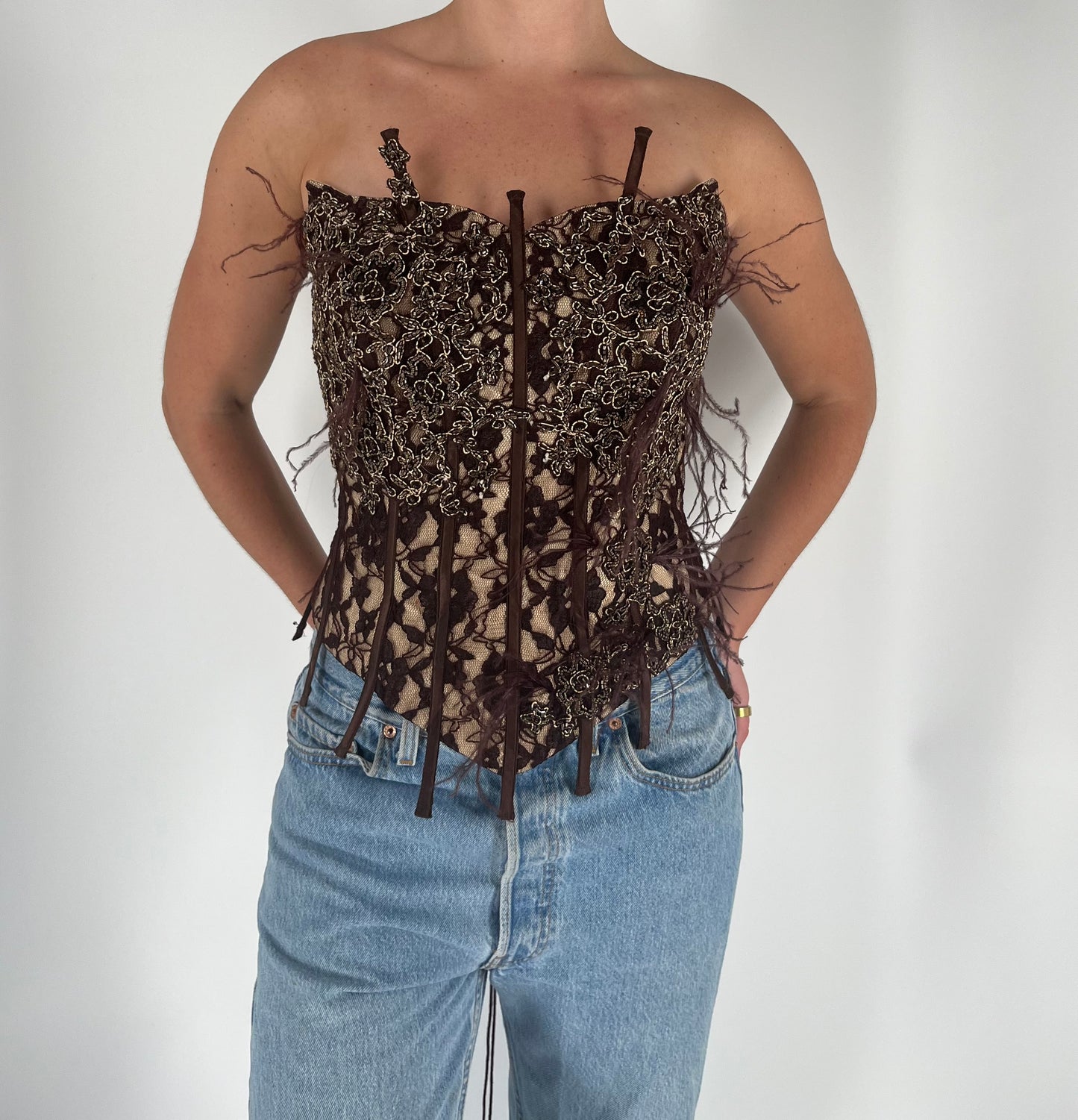 One-of-a-Kind Corset With Lace, Feathers, Exposed Boning and Beaded Appliqués