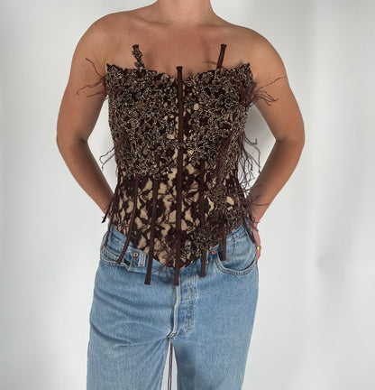 One-of-a-Kind Corset With Lace, Feathers, Exposed Boning and Beaded Appliqués