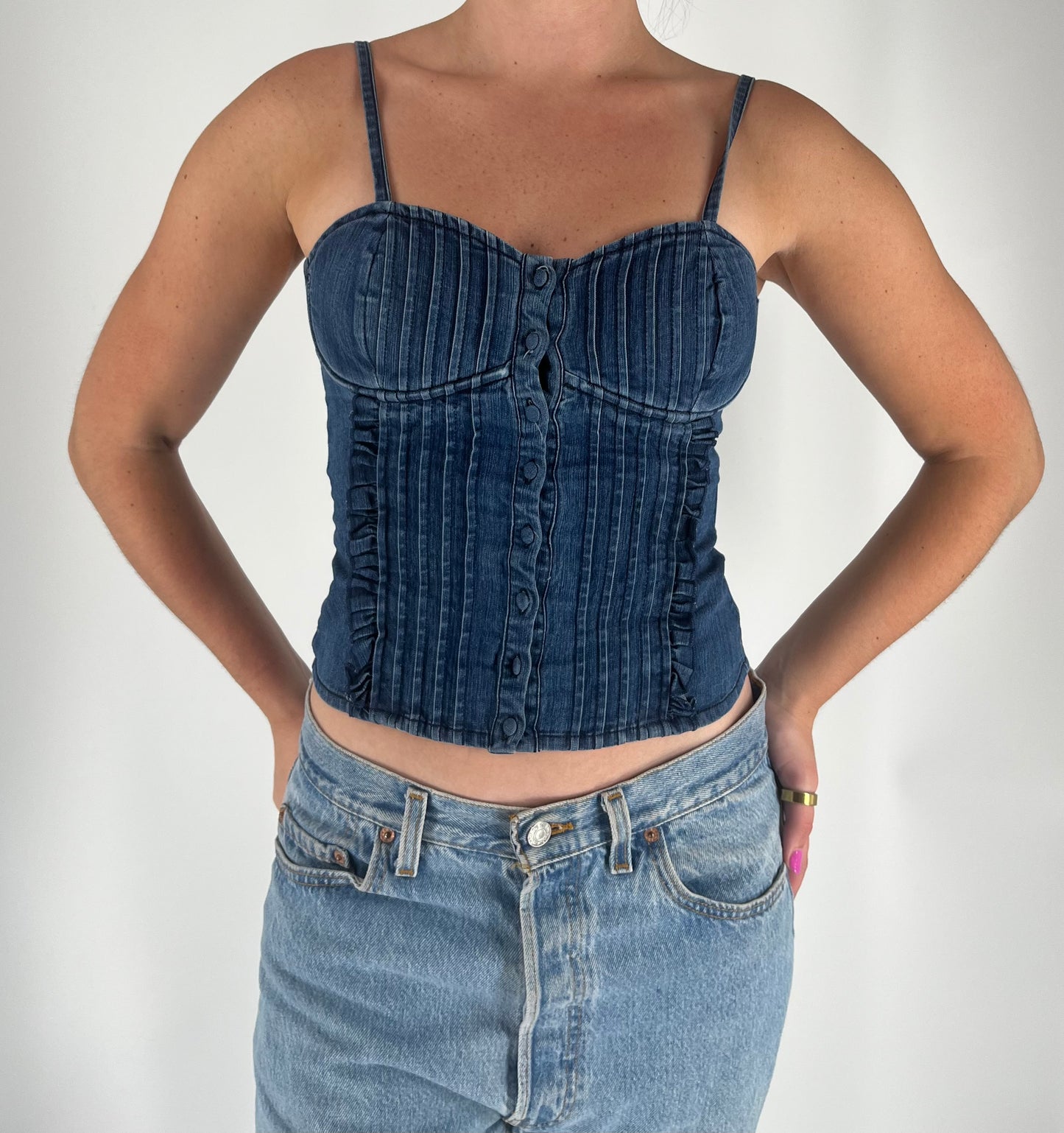 Denim Crop Top With Button Closure, Sweetheart Neckline and Puckering