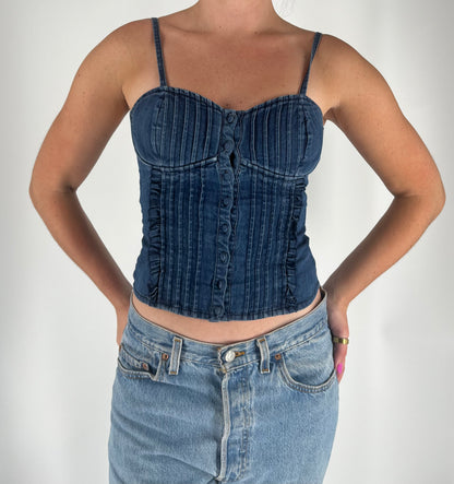 Denim Crop Top With Button Closure, Sweetheart Neckline and Puckering