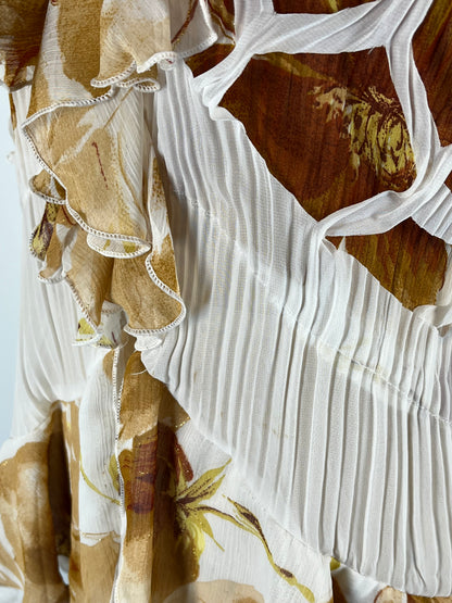 Sheer Ruffle Button Up With Floral Print and Unique Cutouts