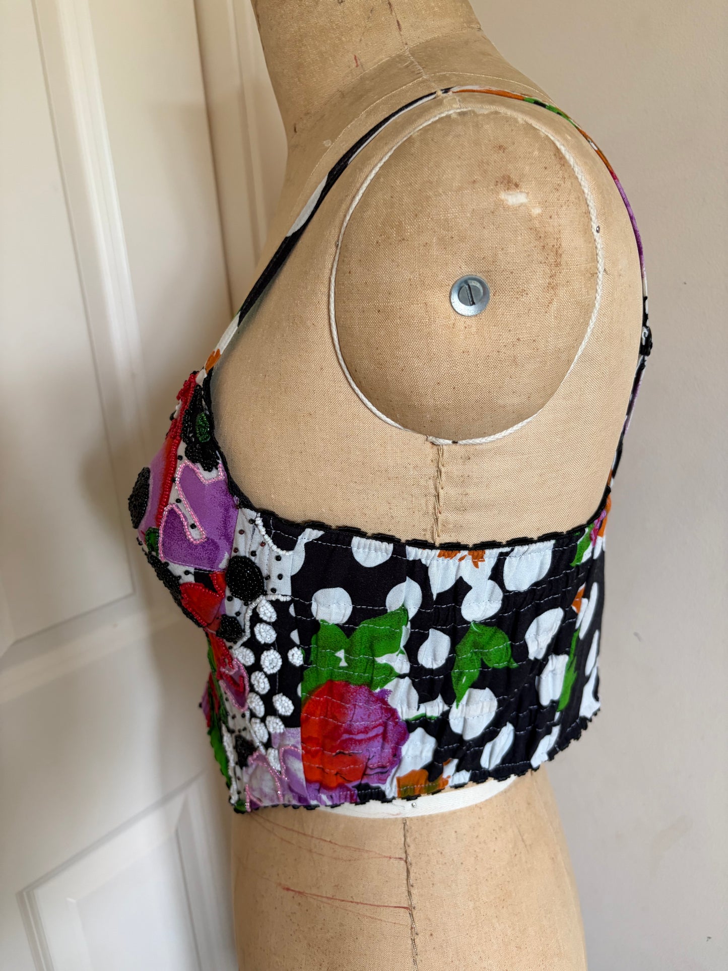 Beaded Patchwork Bustier with Polka Dots and Florals