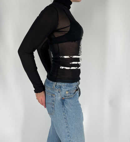 Made in France Mesh Long Sleeve Turtle Neck Top With “Only One World” Graphic