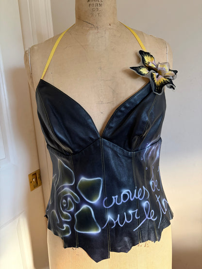 Euro Leather Corset with Graffiti and Flower Appliqué