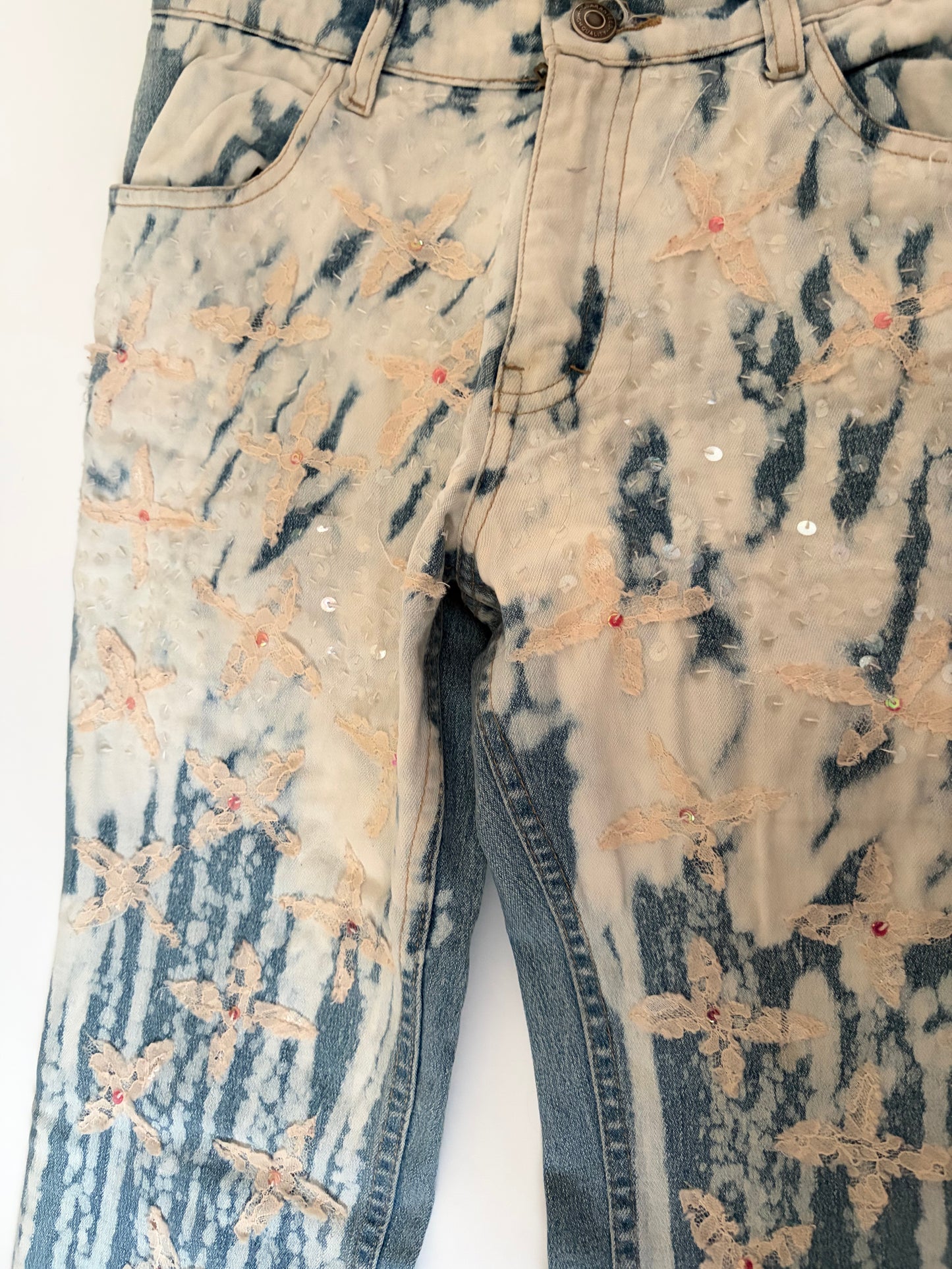 Euro Bleached Jeans with Sequins and Lace Appliques