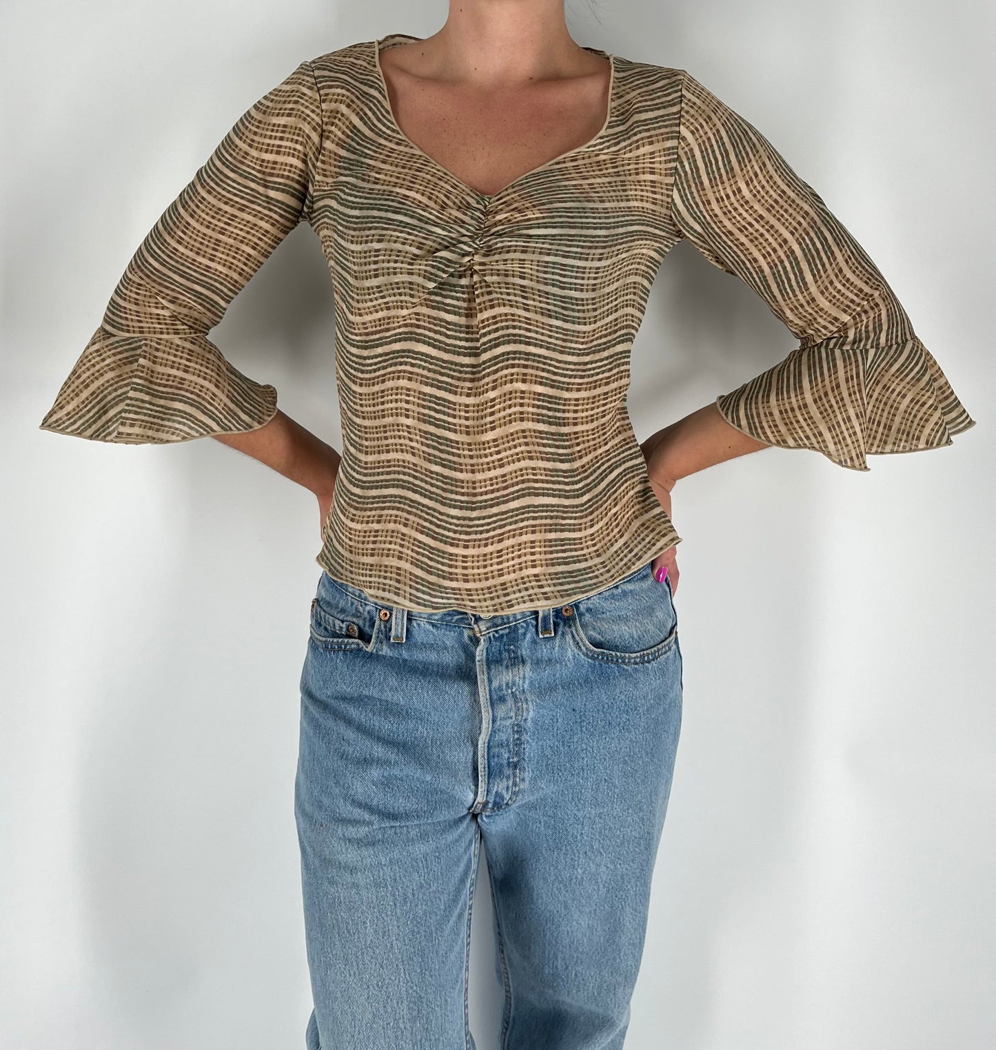 Y2K Mesh 3/4 Sleeve Top With Ruffle Sleeves