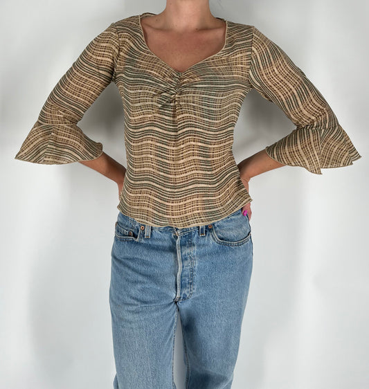 Y2K Mesh 3/4 Sleeve Top With Ruffle Sleeves