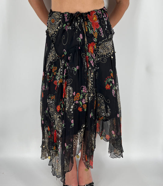 Sheer Flowy Floral Skirt With Handkerchief Hem & Coin Accents