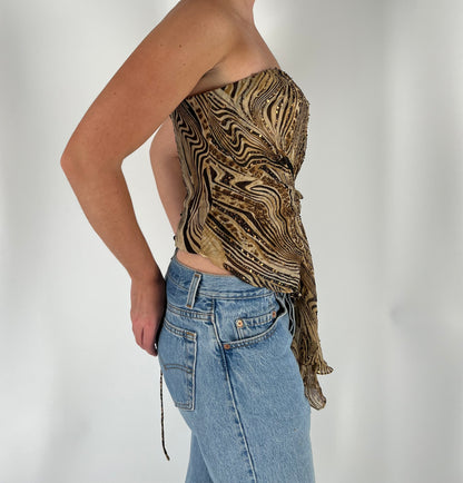 100% Silk Cache Sequin Asymmetrical Strapless Top With Removable Rosette