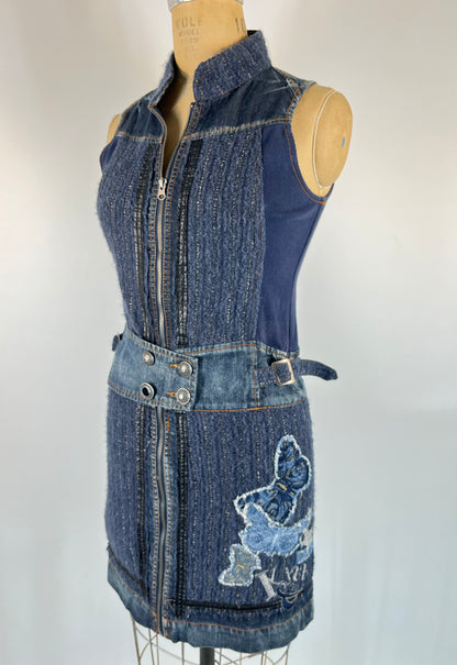 Denim Tweed Mini Dress With Irregular Buttons