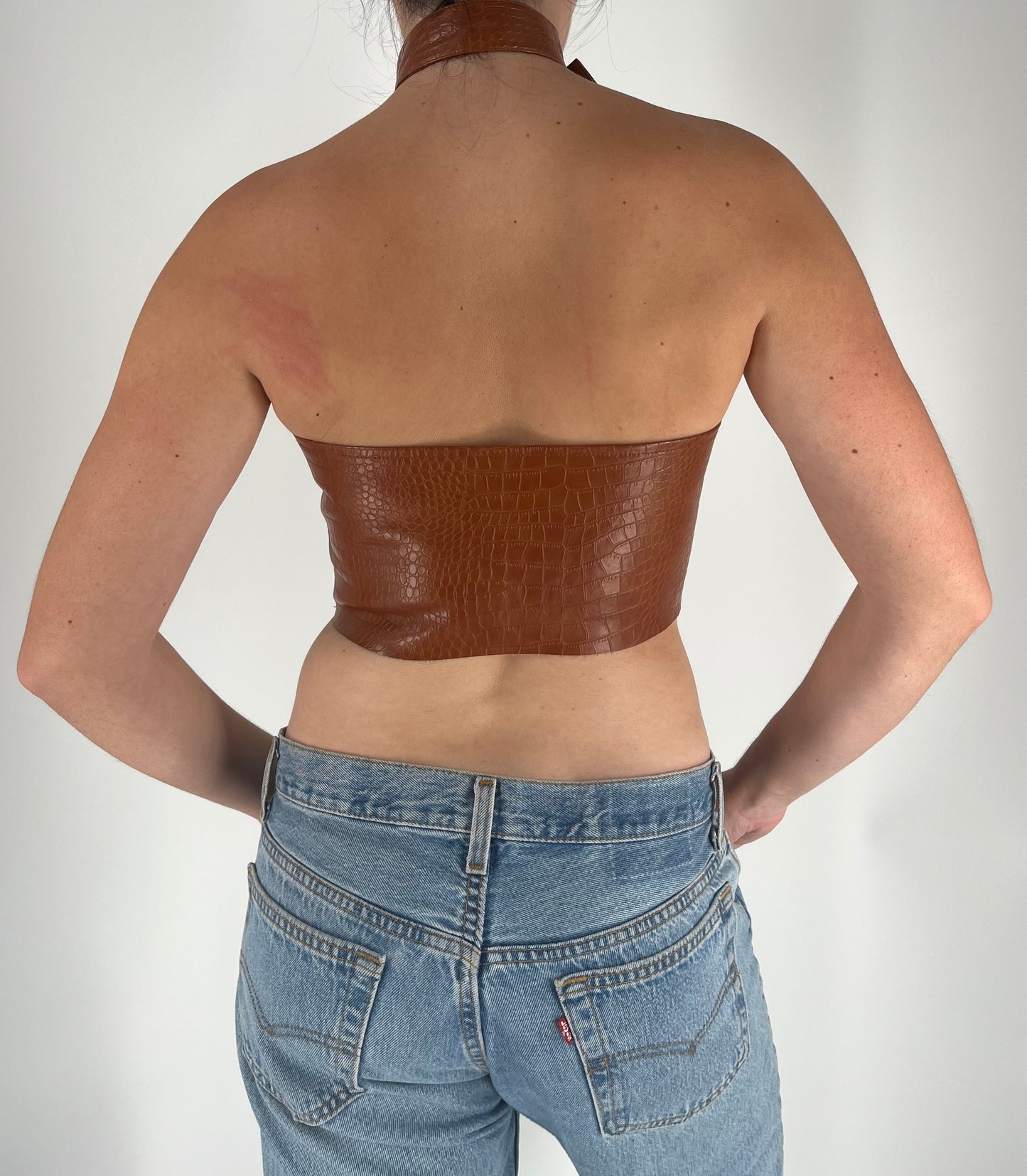 Unique Halter Crop Top With Belt Neck and Lace Up Detail