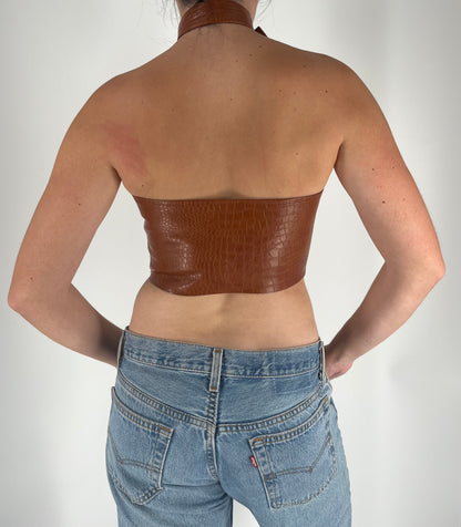 Unique Halter Crop Top With Belt Neck and Lace Up Detail