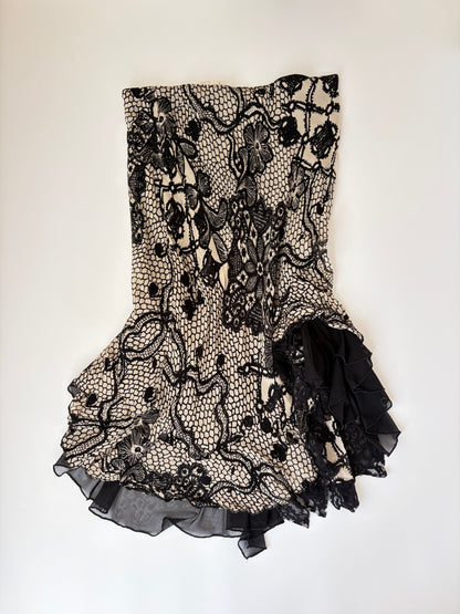 Euro Lace Print Skirt with Asymmetric Ruffles