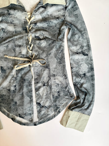 Distressed Print Collared Long Sleeve with Tie Up Closure