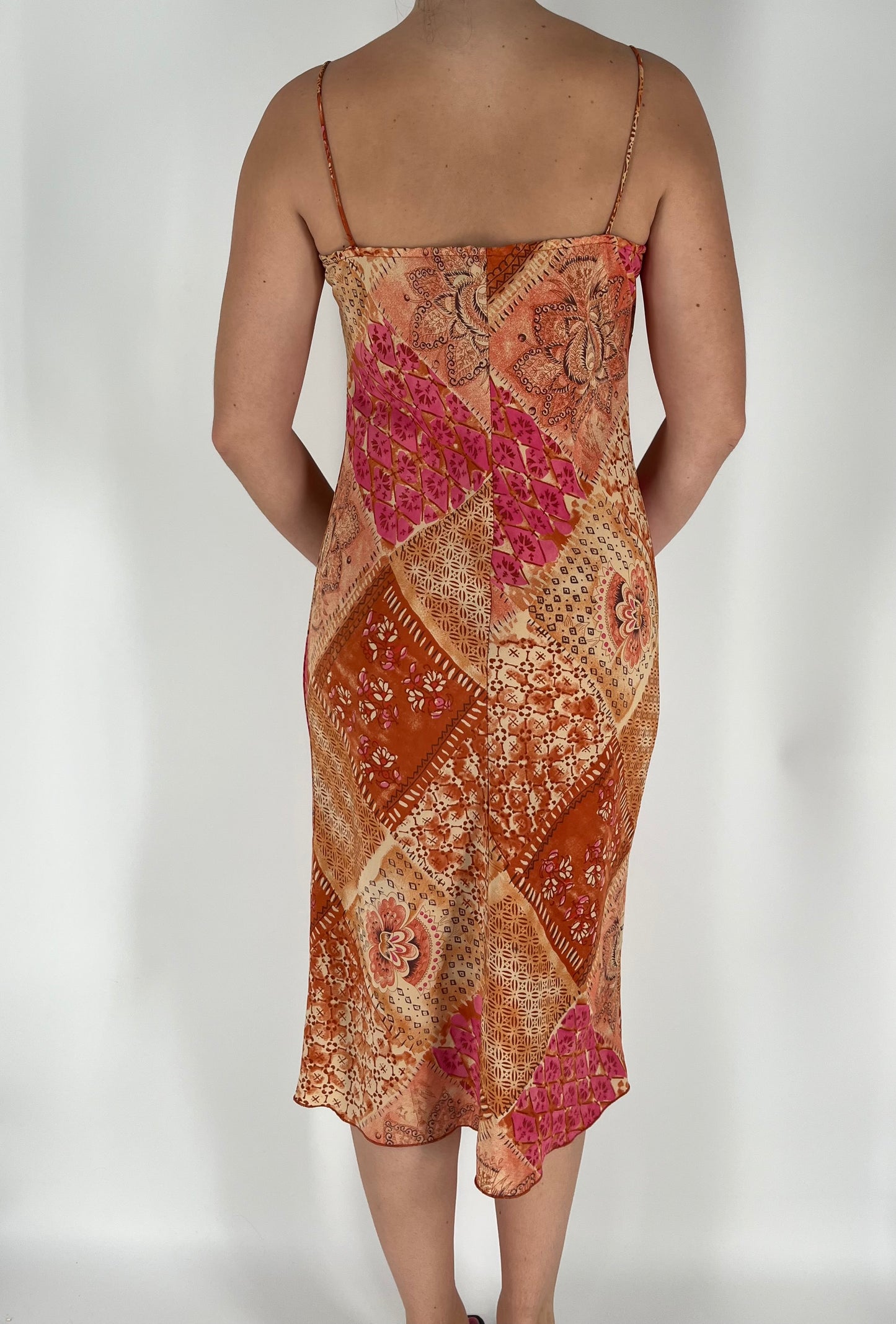 Patchwork Paisley Floral Midi Dress Burnt Autumn Color Scheme