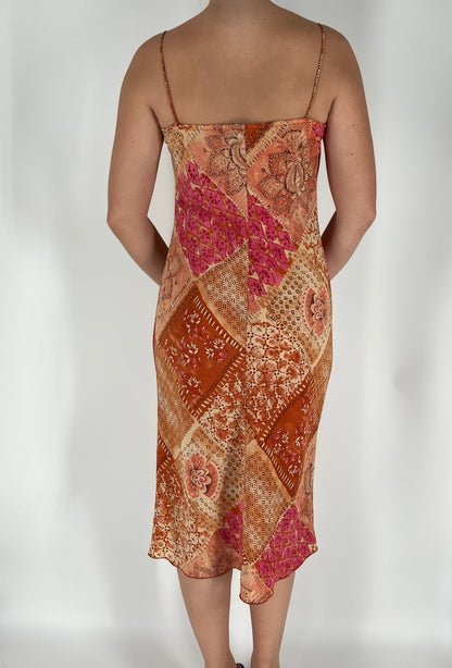 Patchwork Paisley Floral Midi Dress Burnt Autumn Color Scheme