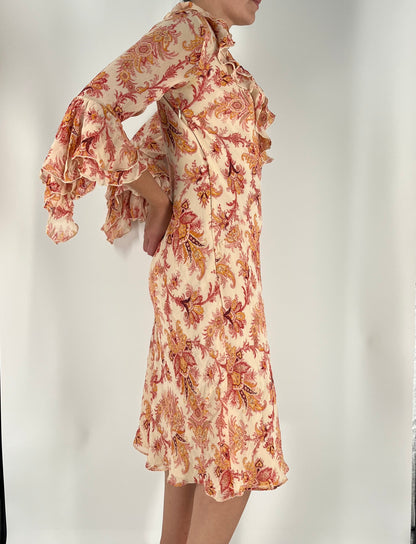 Bell Sleeve Ruffle Midi Dress With Floral Paisley Print