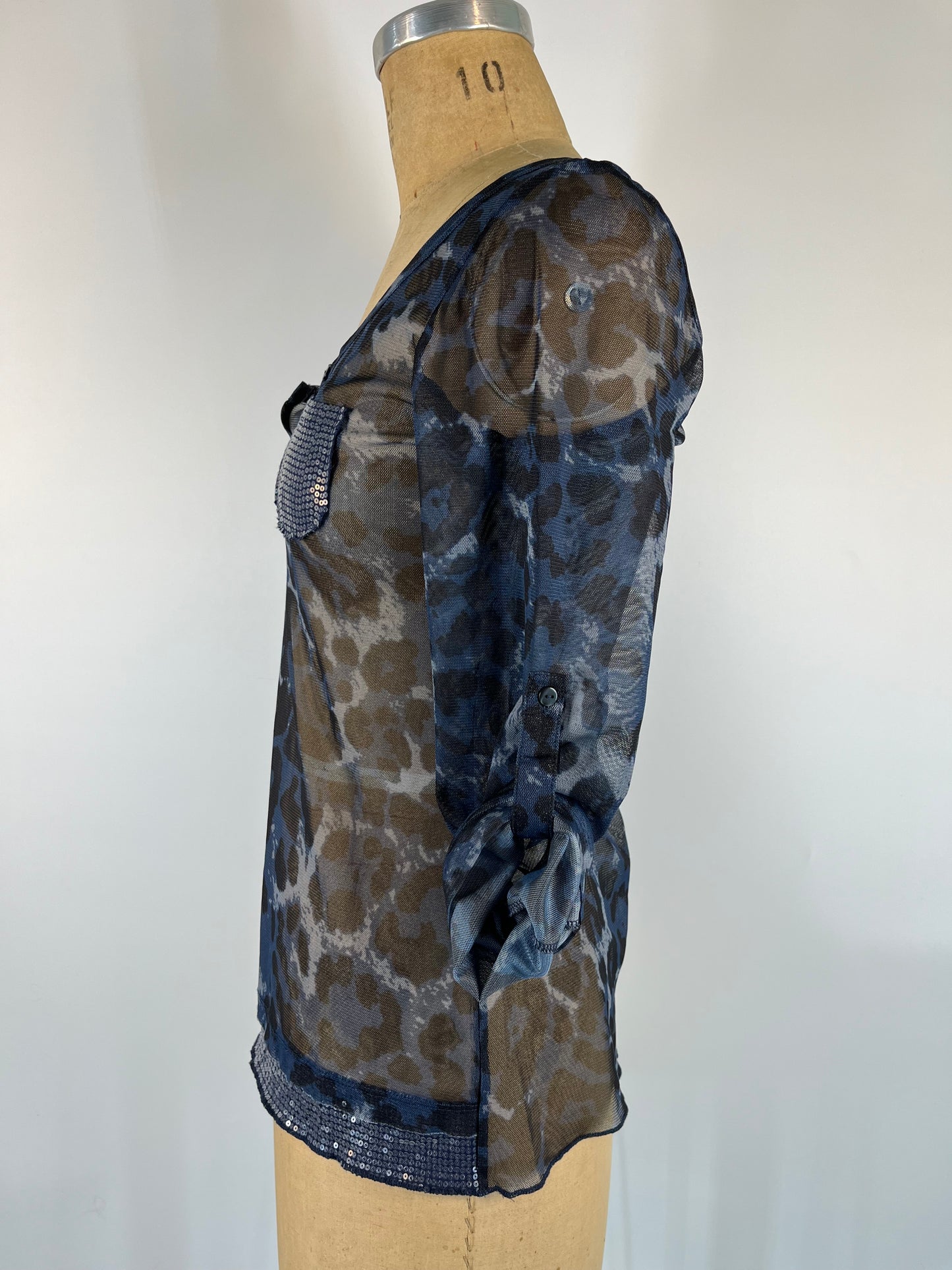 Mesh Cheetah Top With Sequin Accents and Adjustable 3/4 Sleeves