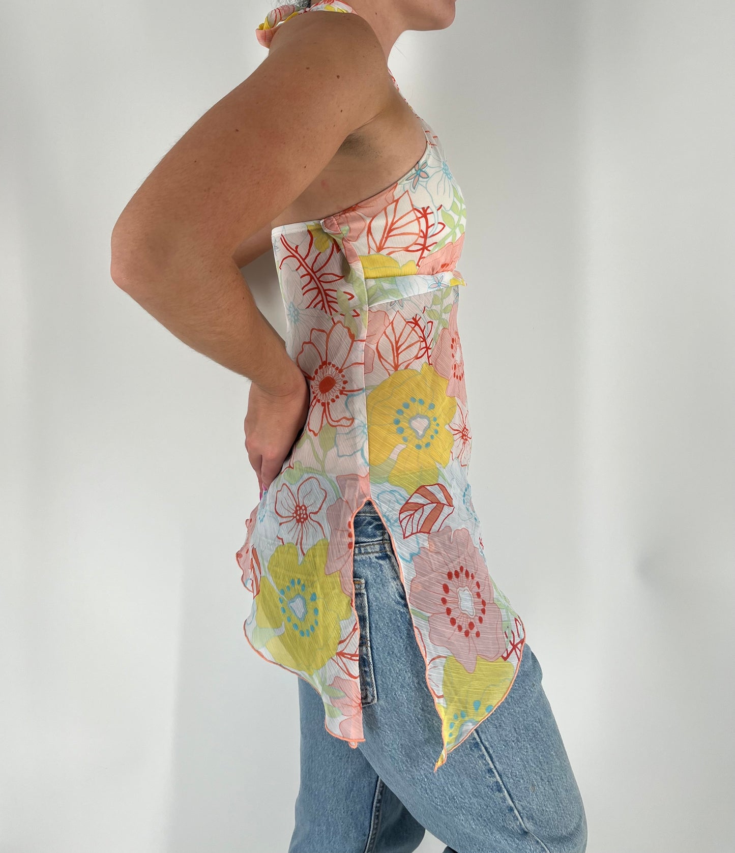 Sheer Floral Halter Tank With O Ring Detail