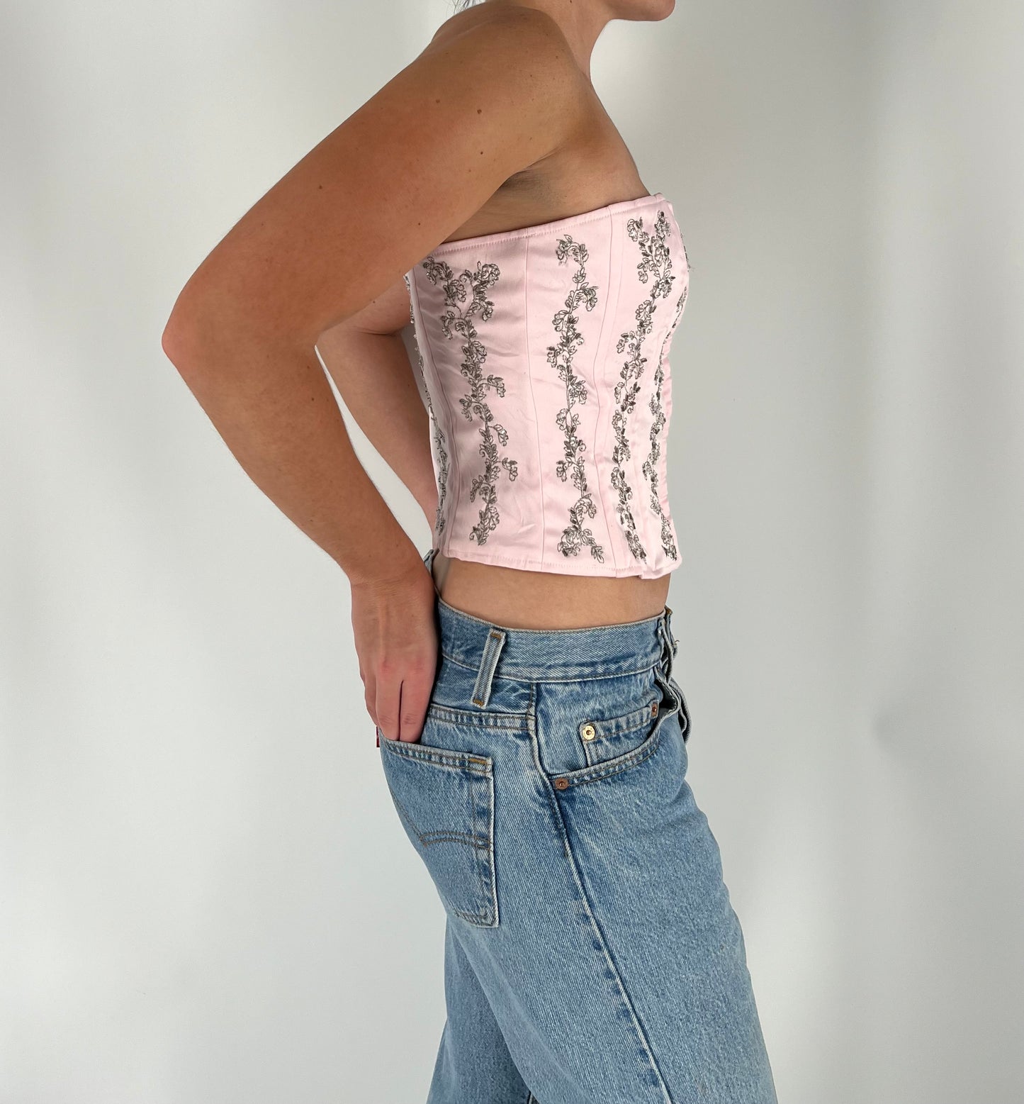 Pink Strapless Corset With Beaded Embroidery