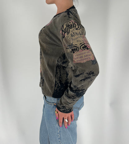 Wild West Vintage Long Sleeve With Distressed Look, Studs and Unique Graphic Print