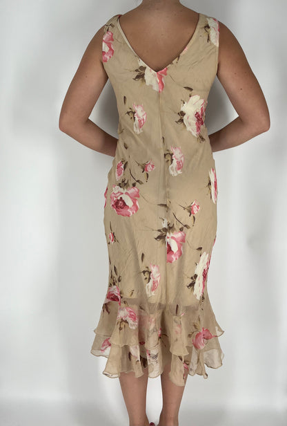 Elegant Floral Midi Dress With Bust Gathering and Ruffles