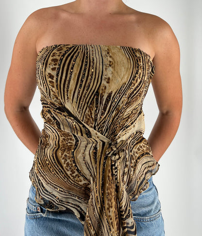 100% Silk Cache Sequin Asymmetrical Strapless Top With Removable Rosette