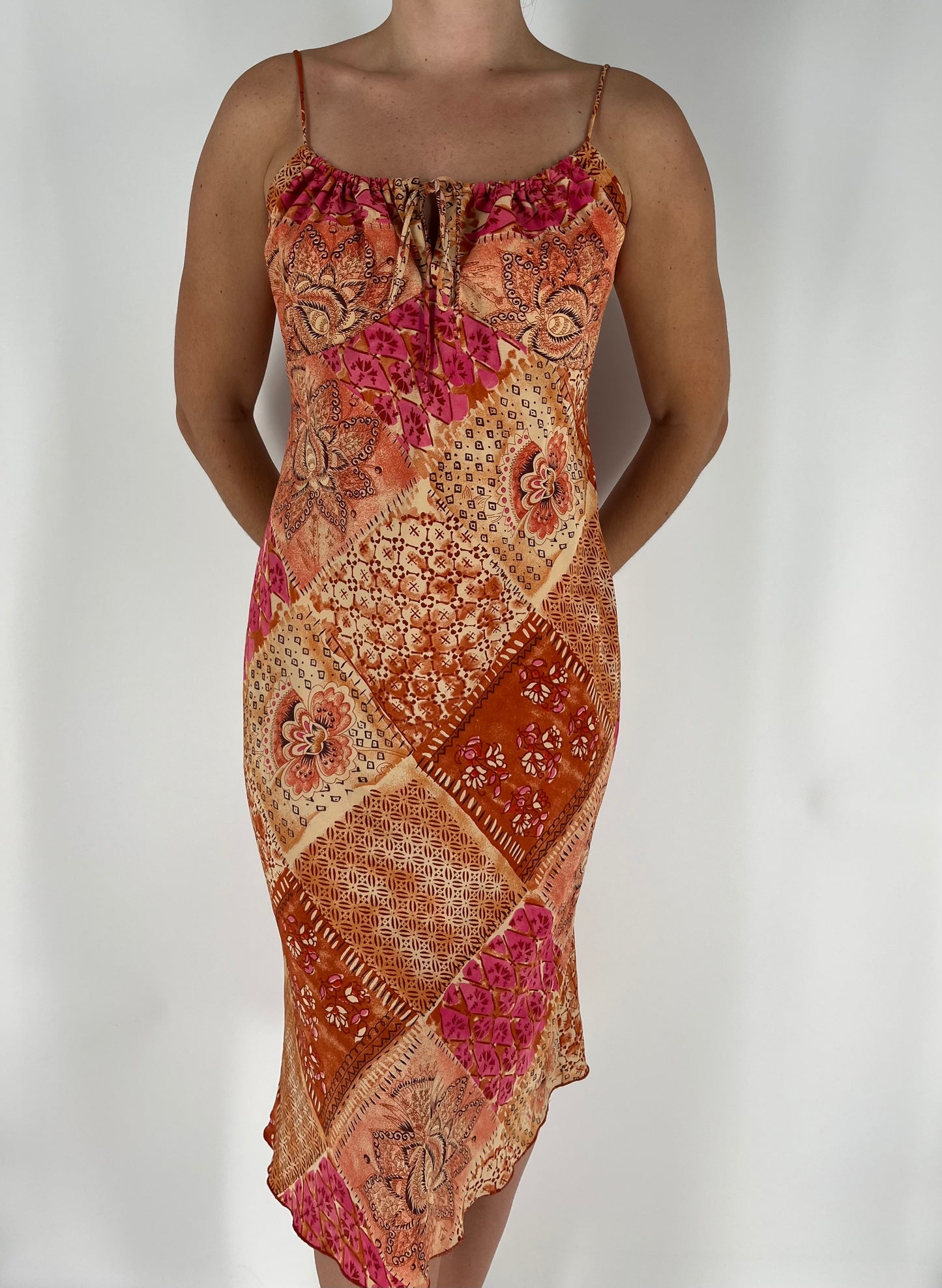 Patchwork Paisley Floral Midi Dress Burnt Autumn Color Scheme
