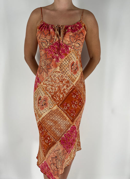 Patchwork Paisley Floral Midi Dress Burnt Autumn Color Scheme