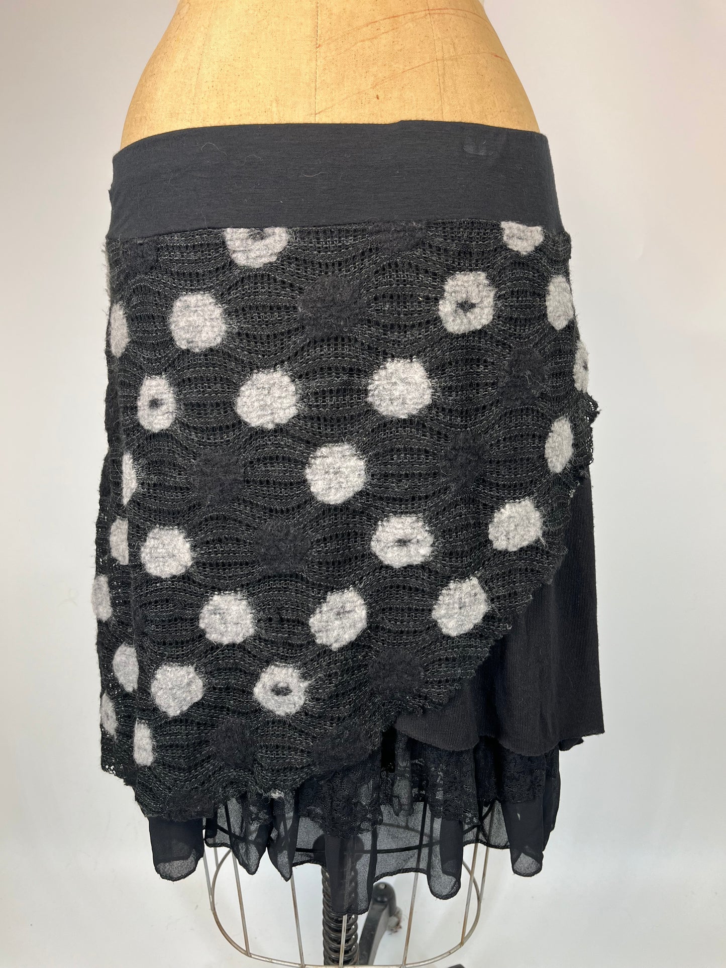 Knit Midi Skirt With Polka Dots And Lace Ruffle Underskirt