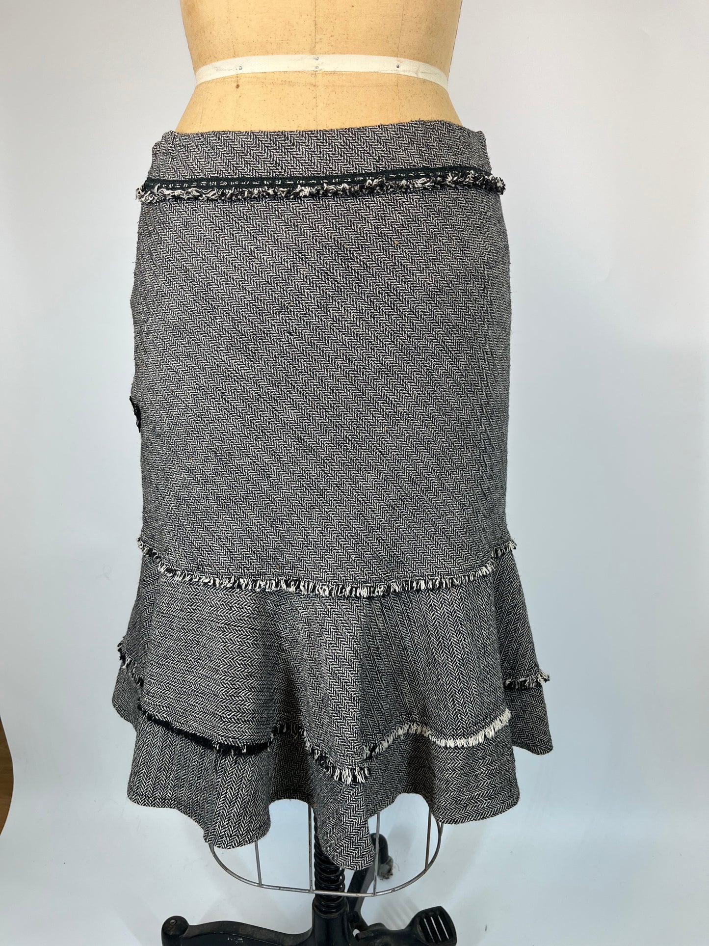 Wool Skirt With Tiered Ruffles and Lace Accents
