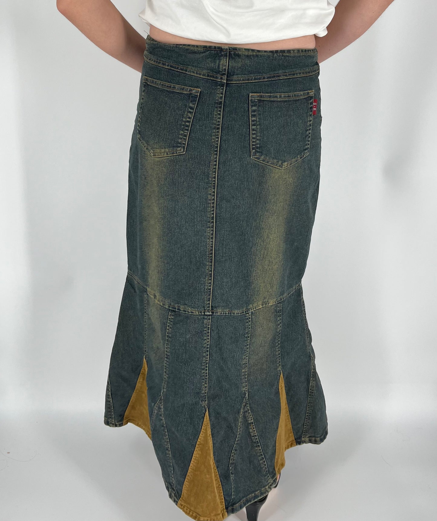 Y2K Fall Denim Maxi Skirt With Fading and Corduroy Accents