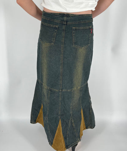 Y2K Fall Denim Maxi Skirt With Fading and Corduroy Accents