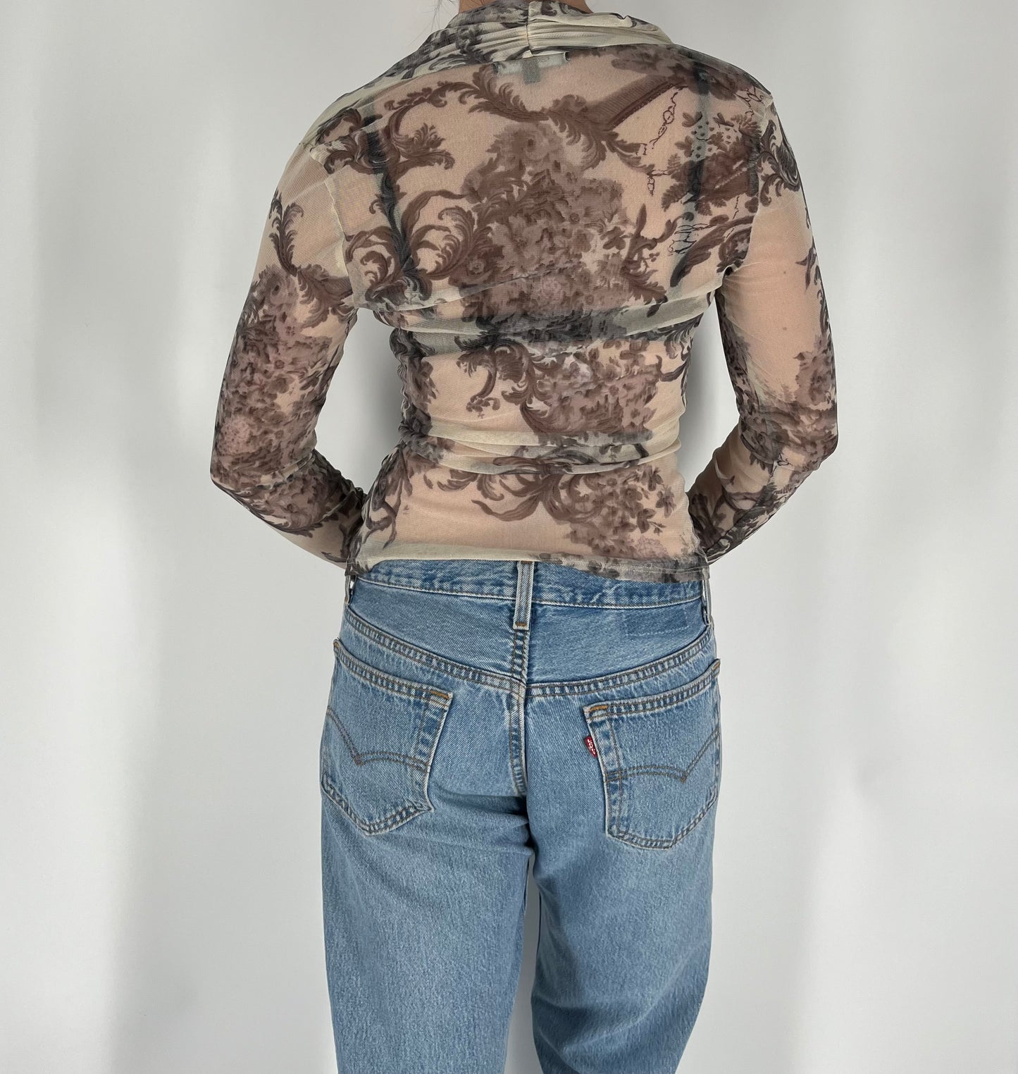 Graphic Print Mesh Long Sleeve Top With Wrap Front