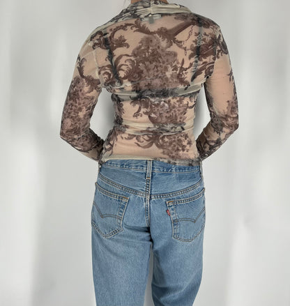 Graphic Print Mesh Long Sleeve Top With Wrap Front