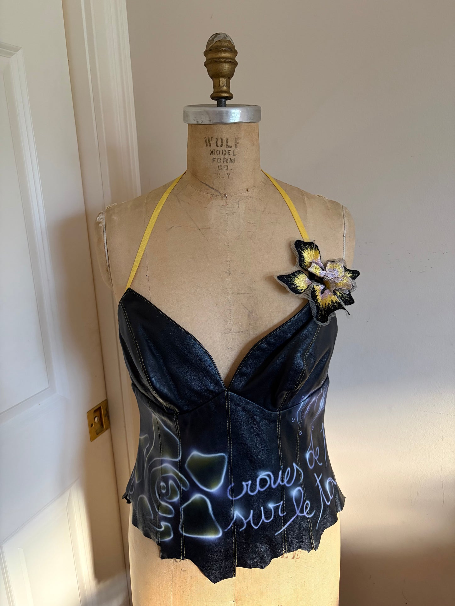 Euro Leather Corset with Graffiti and Flower Appliqué