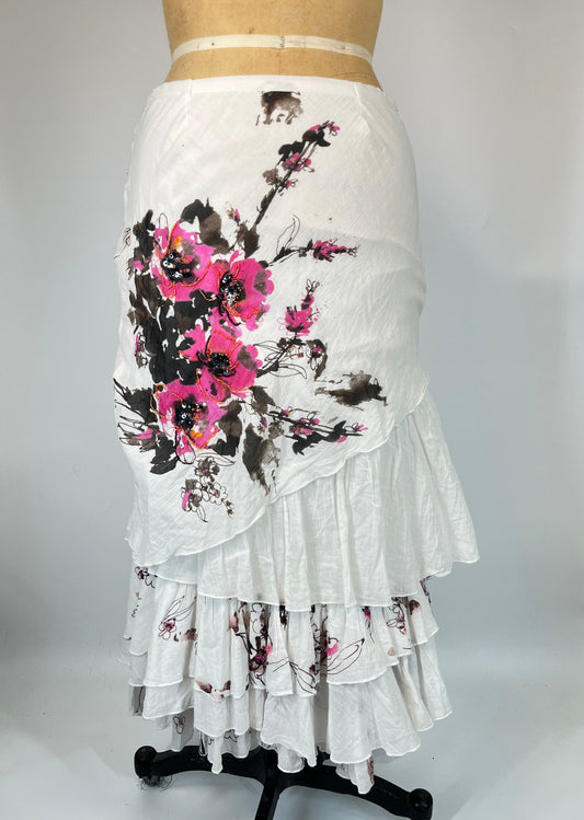 Floral Embroidered Ruffle Cotton Maxi Skirt