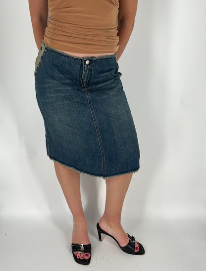 Stars and Stripes Midi Skirt With Two-Toned Faded Denim and Stud Accents