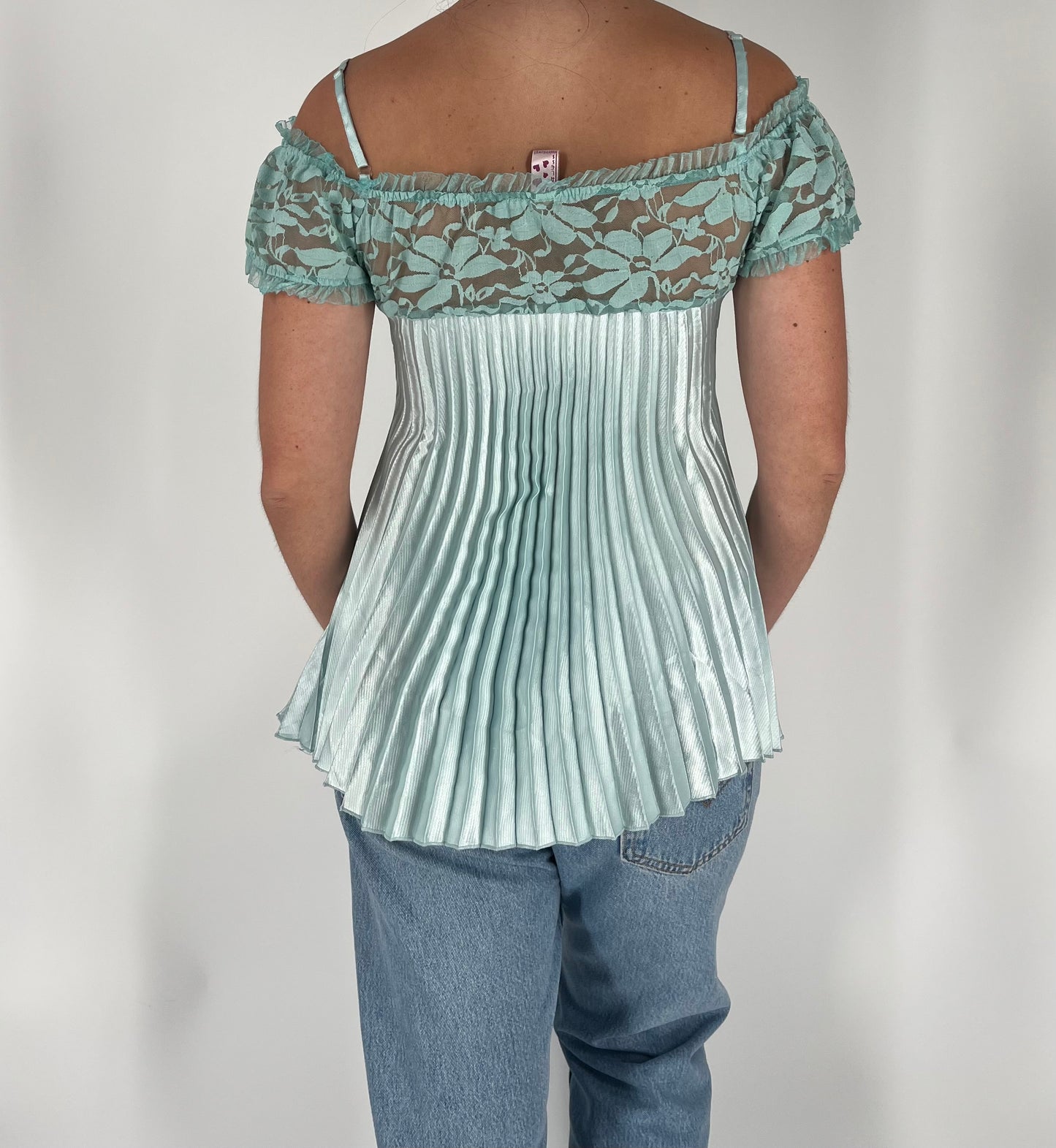 Babydoll Lace Tank With Bow Appliques and Satin Pleats