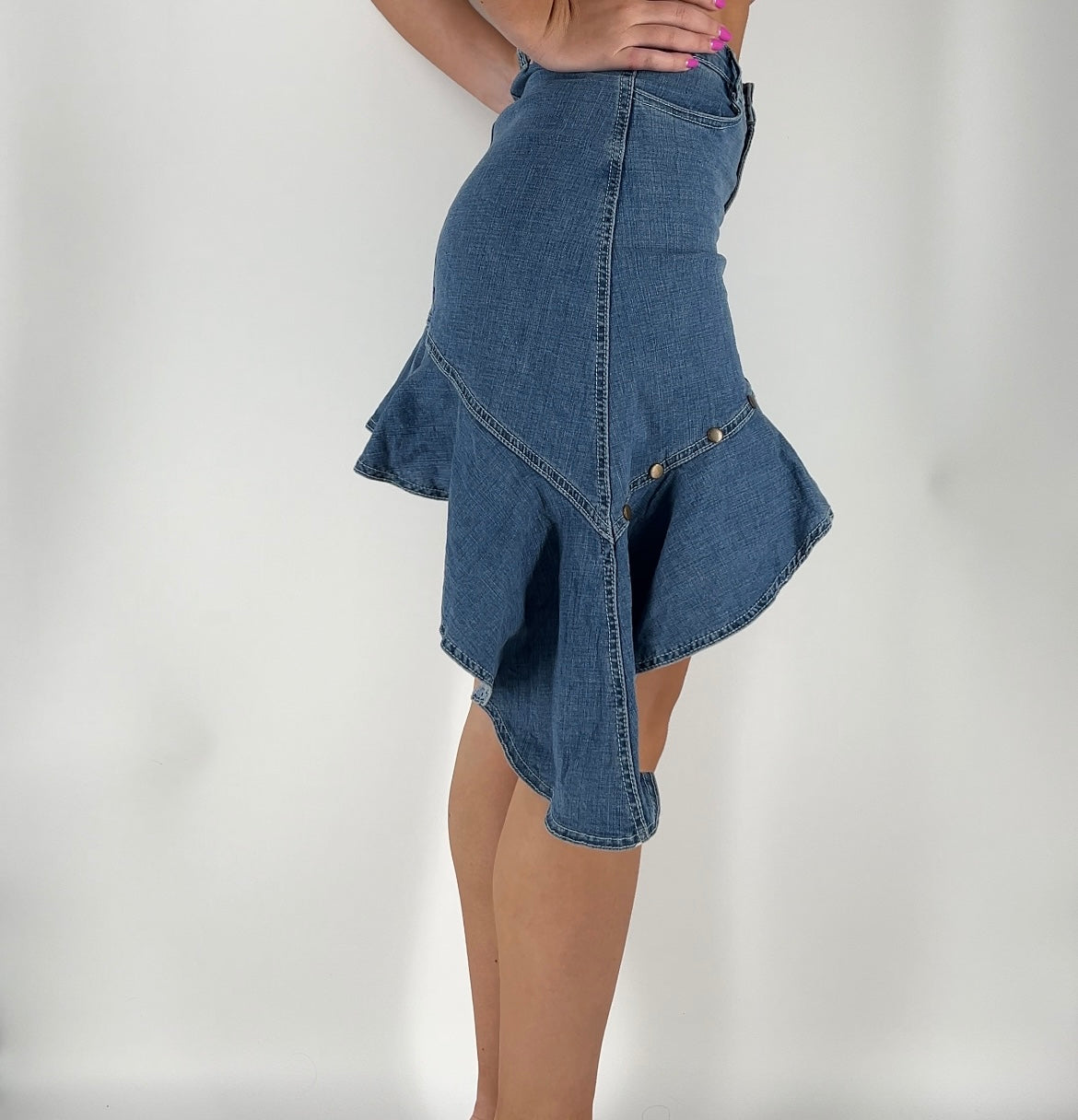 Y2K Ruffle Asymmetrical Denim Skirt With Studs